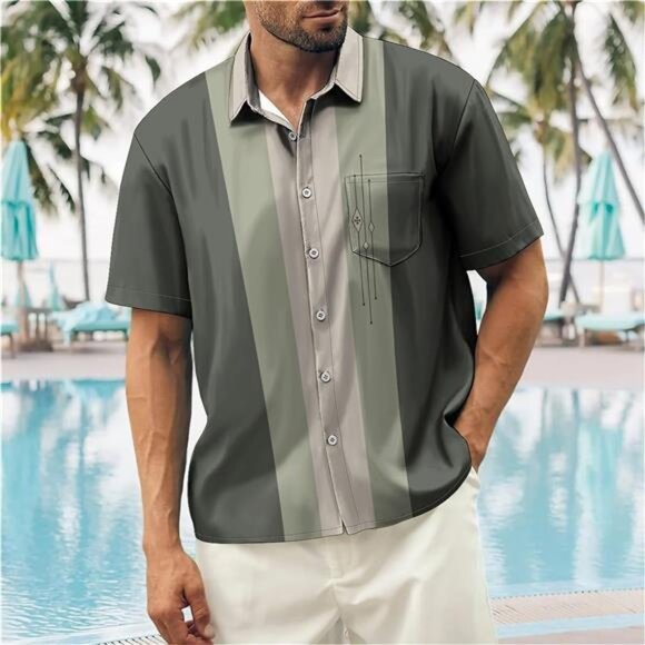 Men's Short Sleeve Button Down Bowling Shirts Hawaiian Casual Printed Summer - Picture 4 of 7